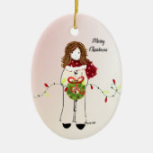 Weihnachtsmädchen mit Kranz und Lichtern Keramik Ornament (Vorne)