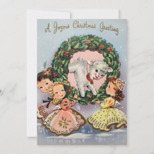 Weihnachtsmädchen mit Lamm im Vintage-Stil Feiertagskarte