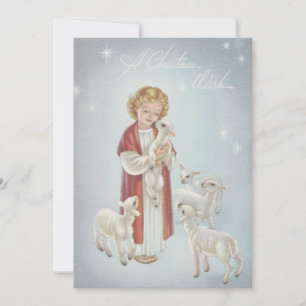 Weihnachtsmädchen mit Lämmern im Vintage-Stil Feiertagskarte