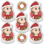 Weihnachtsmädchen mit langen braunen Haaren Aufkleber<br><div class="desc">Set von sieben Vinyl-Aufklebern mit einer Illustration eines niedlichen kleinen,  glücklichen lächelnden Mädchens mit langen braunen Haaren,  das in Weihnachtskleider gekleidet ist und einen roten Weihnachtshut trägt; fünf Aufkleber des Mädchens und zwei Aufkleber mit einem Weihnachtskranz; mit einer anpassbaren Textvorlage für Ihren Namen oder Ihre Nachricht.</div>