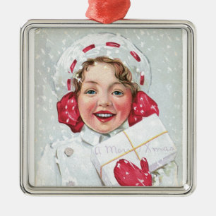 Weihnachtsmädchen mit Paket Silbernes Ornament