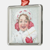 Weihnachtsmädchen mit Paket Silbernes Ornament (Links)