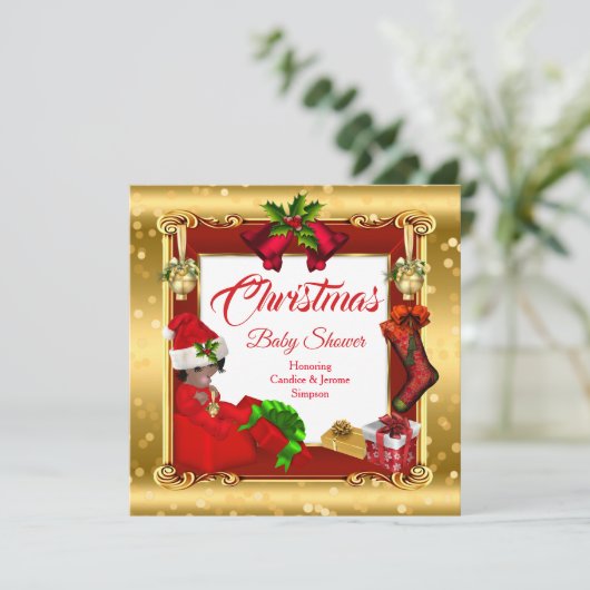 Weihnachtsmädchen oder Babydusche Red Gold Box OM Einladung (Stehend Vorderseite)