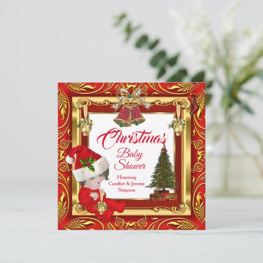 Weihnachtsmädchen oder Babydusche Red Gold Einladung (Stehend Vorderseite)
