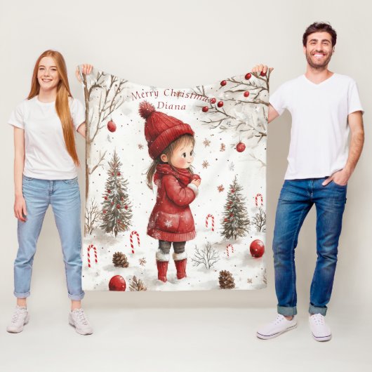 Weihnachtsmädchen Red Coat Weihnachtsbaumen Candy Fleecedecke (Beispiel)