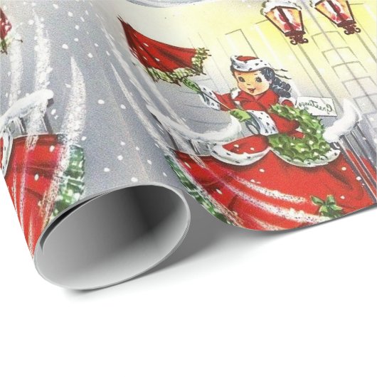 Weihnachtsmädchen Rotes Kleid und Regenschirm Geschenkpapier (Rolleneckpunkt)