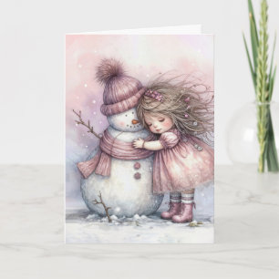 Weihnachtsmädchen umarmt einen Schneemann Karte