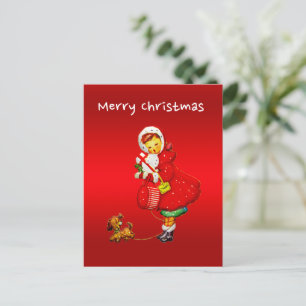 Weihnachtsmädchen und Hund /Rot Feiertagspostkarte