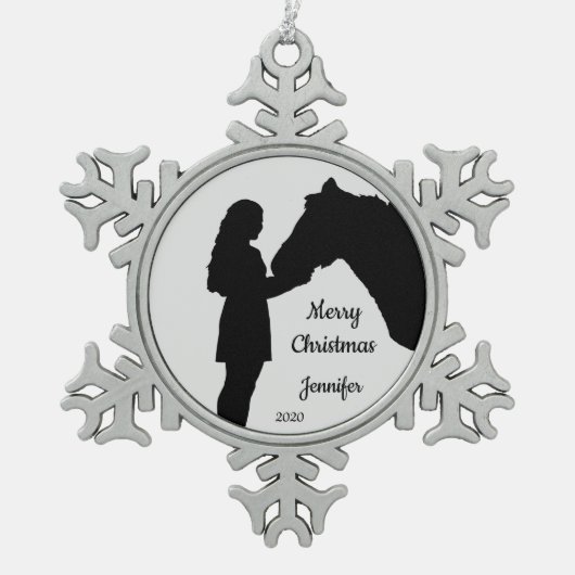 Weihnachtsmädchen und ihre Liebe Silhouette Schneeflocken Zinn-Ornament (Vorderseite)
