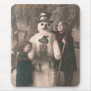 Weihnachtsmädchen und Schneemann Vintage-Foto Mousepad