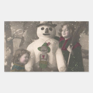 Weihnachtsmädchen und Snowman Vintages Foto Rechteckiger Aufkleber
