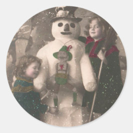 Weihnachtsmädchen und Snowman Vintages Foto Runder Aufkleber