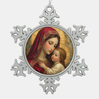 Weihnachtsmadonna mit Kind Schneeflocken Zinn-Ornament