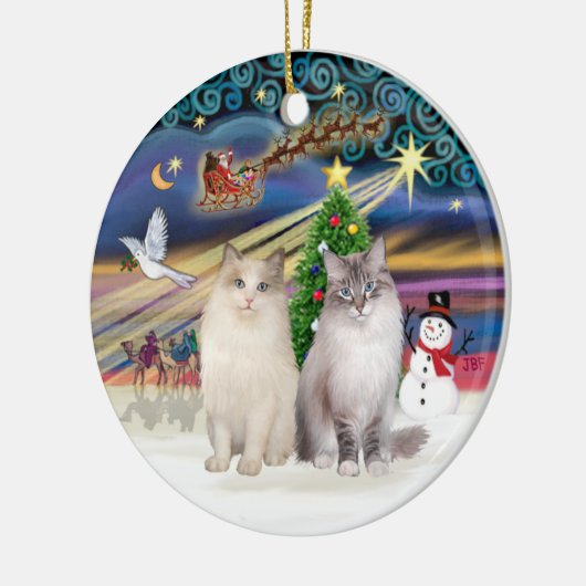 Weihnachtsmagie - Zwei Ragdoll-Katzen Keramikornament (Links)