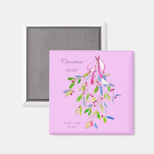 Weihnachtsmagnet mit Mistletoe, rosa Magnet (Vorderseite/Rückseite)