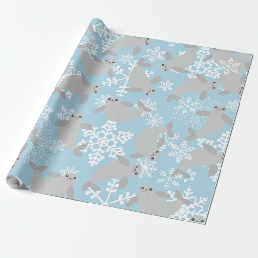 Weihnachtsmanatee Winterblaue Schneeflocken Geschenkpapier (Ungerollt)