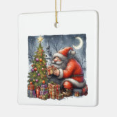 Weihnachtsmann am Abend mit Bäumen und Geschenken  Keramikornament (Links)