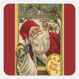 Weihnachtsmann am Fenster mit Spielzeugen Quadrati Quadratischer Aufkleber