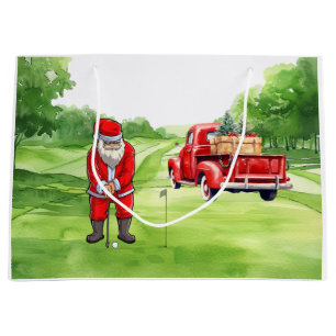 Weihnachtsmann am Golf mit rotem LKW auf Grün Große Geschenktüte