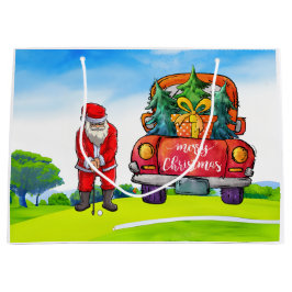 Weihnachtsmann am Golf mit rotem LKW auf Grün Große Geschenktüte