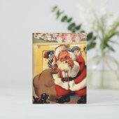 Weihnachtsmann am Kamin mit Welpe Vintage Retro Postkarte (Stehend Vorderseite)