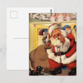 Weihnachtsmann am Kamin mit Welpe Vintage Retro Postkarte (Vorne/Hinten)
