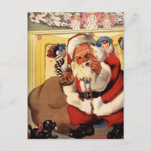 Weihnachtsmann am Kamin mit Welpe Vintage Retro Postkarte (Vorderseite)