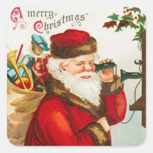 Weihnachtsmann an Schnurtelefonen hört einem Kind Quadratischer Aufkleber