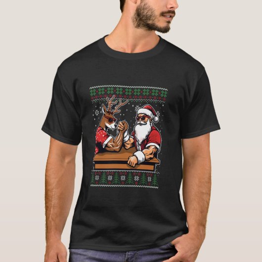 Weihnachtsmann-Arm-Wrestling Rentier Ugly Christ T-Shirt (Vorderseite)