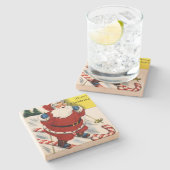 Weihnachtsmann auf Candy Cane Skis Weihnachten Steinuntersetzer (Seitenansicht)