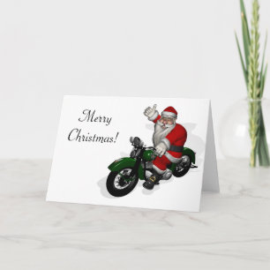 Weihnachtsmann auf dem grünen Vintagen Motorrad Feiertagskarte