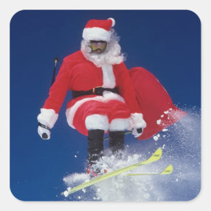 Weihnachtsmann auf dem Skispringen weg von einem Quadratischer Aufkleber