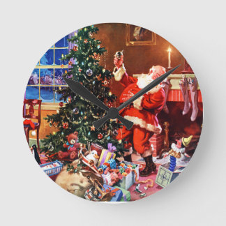 Weihnachtsmann auf der Nacht vor Weihnachten Runde Wanduhr