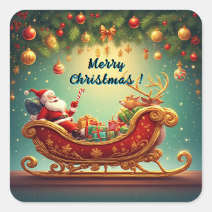 Weihnachtsmann auf einem Schlitten mit einem Renti Quadratischer Aufkleber