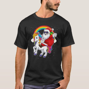 Weihnachtsmann auf Einhorn Reiten Süßer Regenbogen T-Shirt