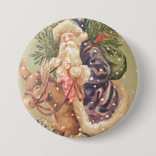Weihnachtsmann auf Esel reitend Button (Vorderseite)