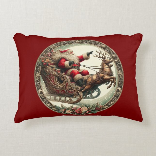 Weihnachtsmann auf Schlitten und Rentieren Dekokissen (Vorderseite)