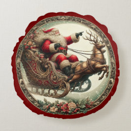Weihnachtsmann auf Schlitten und Rentieren Rundes Kissen