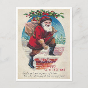 Weihnachtsmann auf Schornstein Vintage Frohe Weihn Postkarte