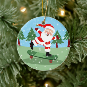Weihnachtsmann auf Skateboard Keramik Ornament