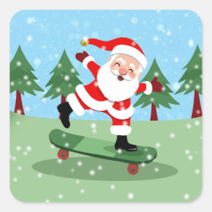 Weihnachtsmann auf Skateboard Quadratischer Aufkleber