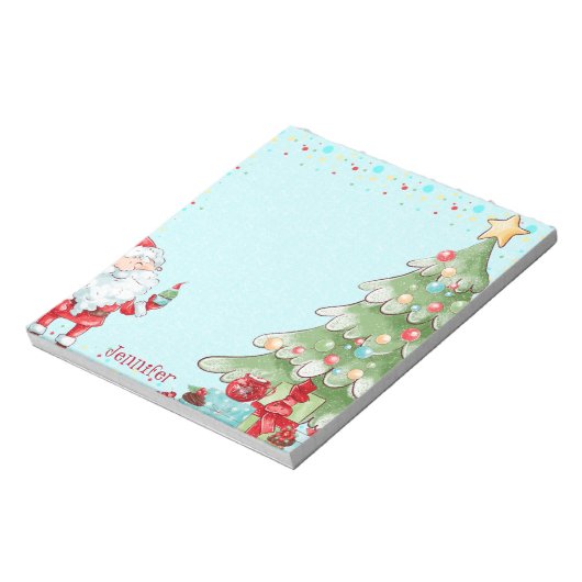Weihnachtsmann & Baum Whimsical w Name Geschenk Notizblock (Rotiert)