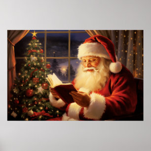 Weihnachtsmann beim Lesen am Weihnachtsbaum Poster