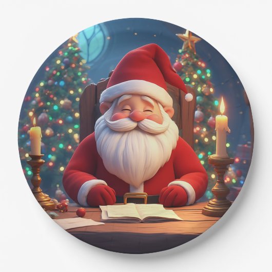 Weihnachtsmann beim Lesen eines Buches bei Kerzenl Pappteller (Vorderseite)
