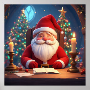 Weihnachtsmann beim Lesen eines Buches bei Kerzenl Poster