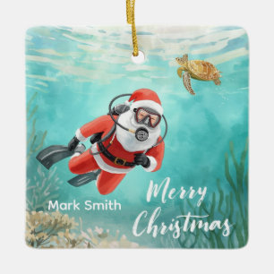 Weihnachtsmann beim Tauchen mit Schildkröte Keramikornament