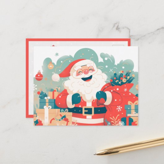 Weihnachtsmann bereitet Weihnachtsgeschenke vor Postkarte (Vorderseite/Rückseite Beispiel)