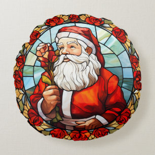 Weihnachtsmann-Buntglas-Rosen-Weihnachten im Vinta Rundes Kissen
