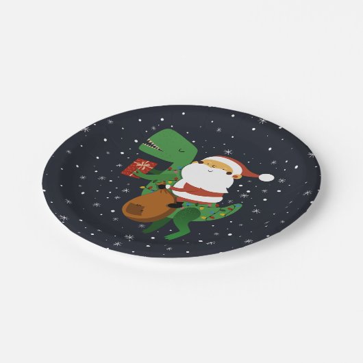 Weihnachtsmann-Claus T-rex Dinosaur Sleigh Pappteller (Schrägansicht)