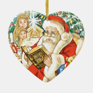 Weihnachtsmann, der die Bibel auf Weihnachtsabend Keramikornament